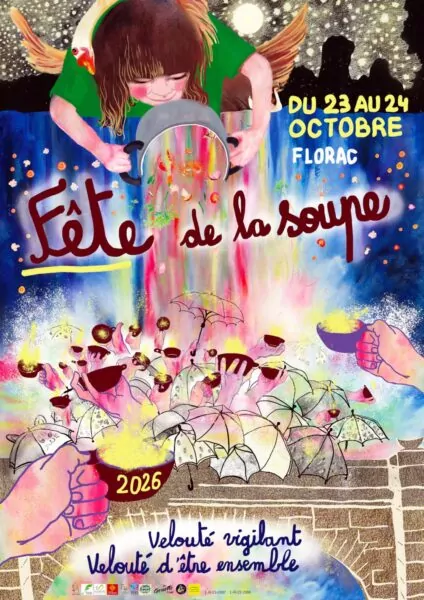 Pour la fête de la soupe, un duo d’artistes-clown se produit en spectacle sur l’esplanade de Florac. Un public nombreux et familial est venu assister à cette animation.